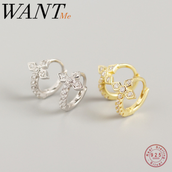 

wantme real 925 sterling silver geometric zircon chic clover stud earrings for women party wedding jewelry accessories, Golden;silver