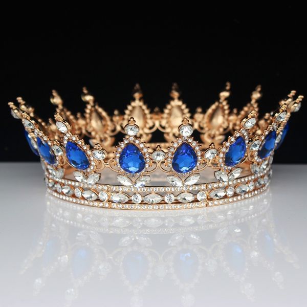

gold blue queen king tiaras and crowns bride prom headpiece women party hair ornaments wedding bridal hair jewelry accessories, Golden;white