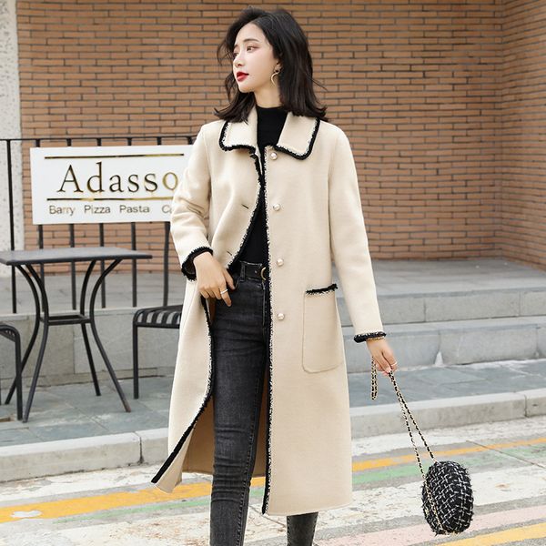 

trendy fashion woolen jacket female 19 autumn and winter new korean loose temperament stitching mid-length woolen coat, Black