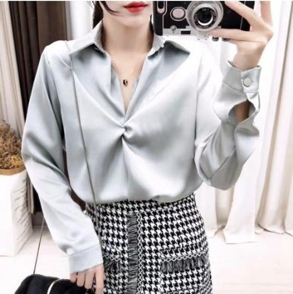 

new arrival 2020 women chiffon cozy shirt v-neck casual loose office lady solid long sleeve kimono femina blusa lj252, White