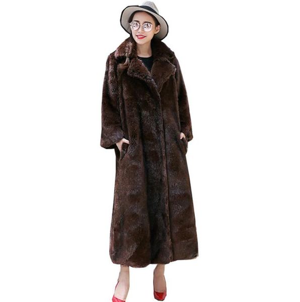 

осень искусственная норка кожаная куртка женские пальто зима сгущает теплый мех кожа длинный плащ женщины тонкие куртки мода коричневый, Black