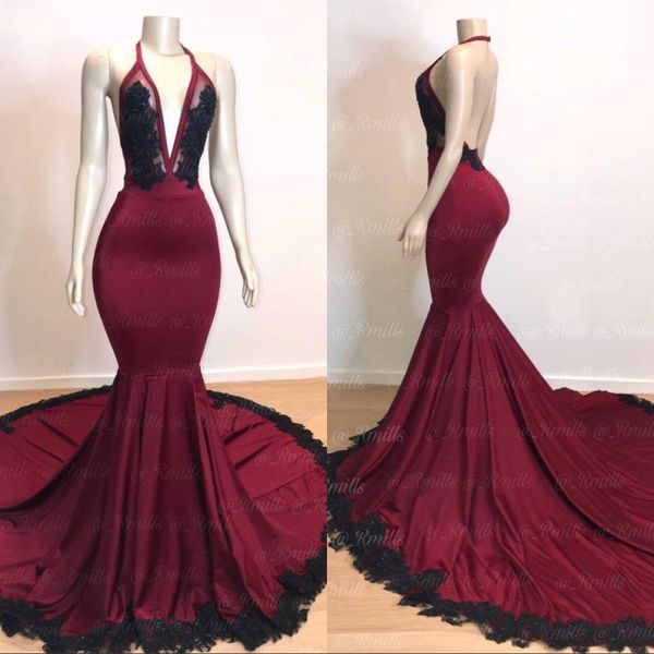 

2019 backless burgundy mermaid long prom dresses with black lace appliqued formal evening gowns halter deep v neck sequins