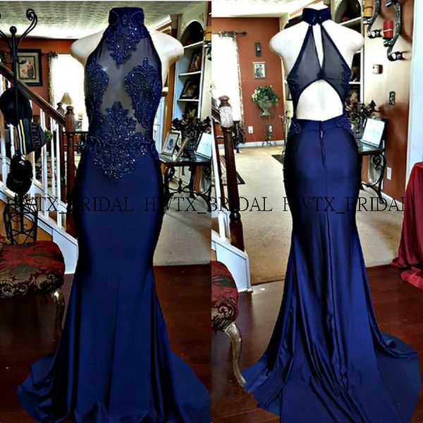 

2020 персонализированные длинные платья выпускного вечера высокая шея бисероплетение иллюзия лиф вырез королевский синий русалка африканское, White;black