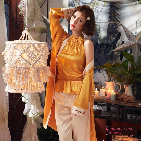

spring and autumn silk-like women's kimono nightgown three-piece leisure set pijamas women sleepwear pajama, Black;red