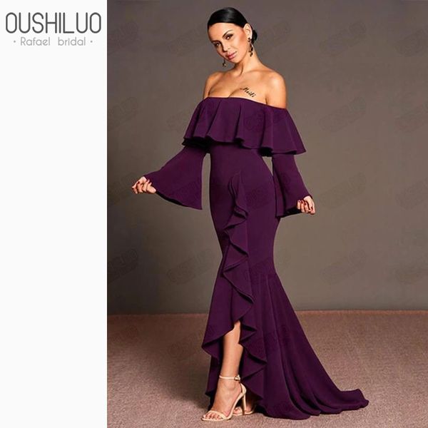 

grape satin sheath arabic prom dresses party wear middle east boat neck violet tiered ruffles high slit purple evening dress, White;black