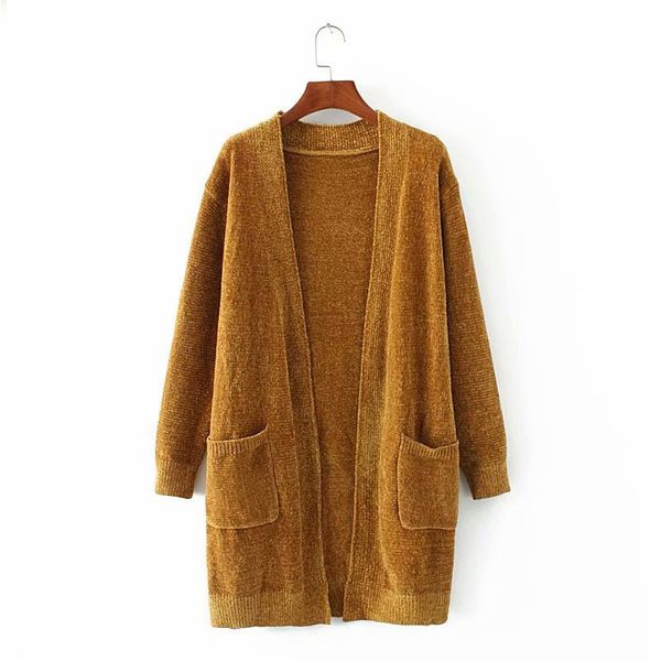 

2018 autumn-new products western style solid color loose-fit long sleeve dual pocket mid-length knitted cardigan coat, Black;white