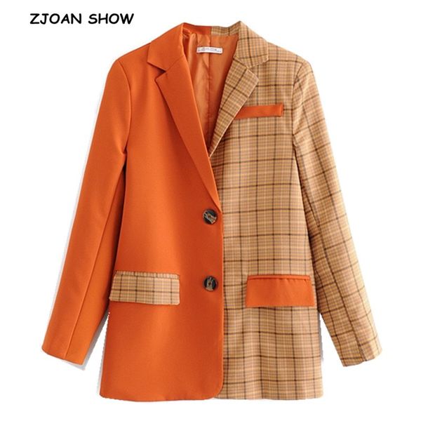 

2019 new spring orange stitching gangham plaid blazer boyfriend friend style women contrast color suit coat fashion femme, White;black