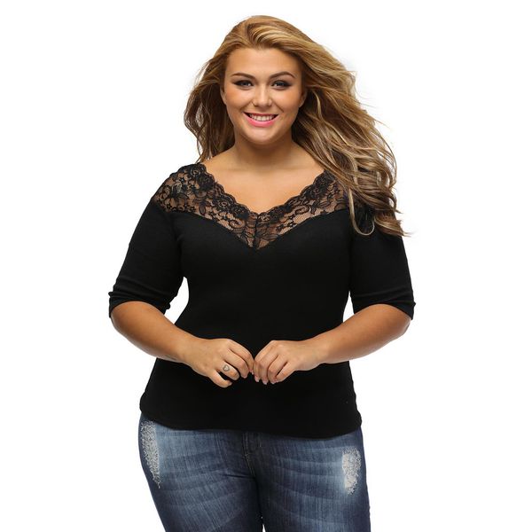 

plus size xl-3xl hollow out casual lace patchwork oversized three quarter sleeve cotton tee shirt femme black spring 2018, White