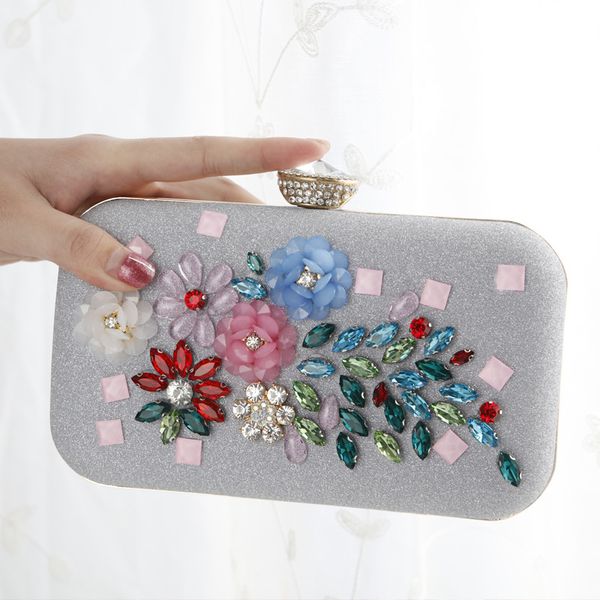 

white frosted pu handbag women colorful flower rhinestone beaded princess royal party show phone makeup clutches shoulder bags