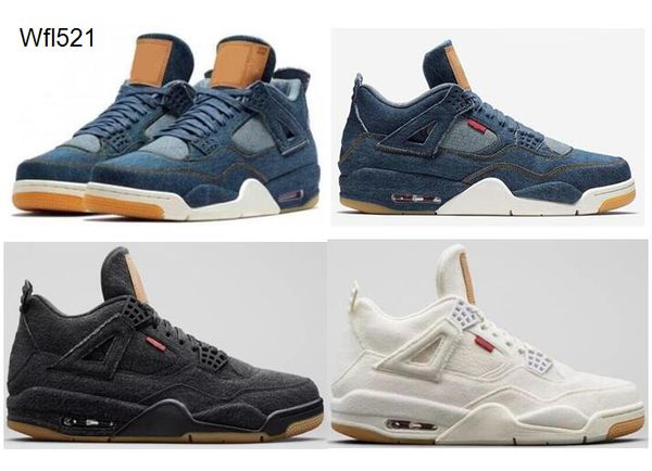 

4 denim travis blue black white denim basketball shoes men 4s blue jeans sports sneakers with box