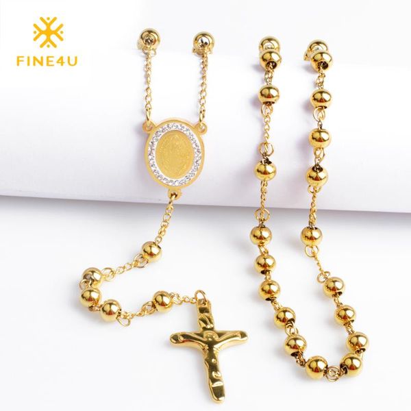 

2020 new fine4u n052 cross pendant necklace for men women 316l stainless steel long beads necklace religious jewelry, Silver