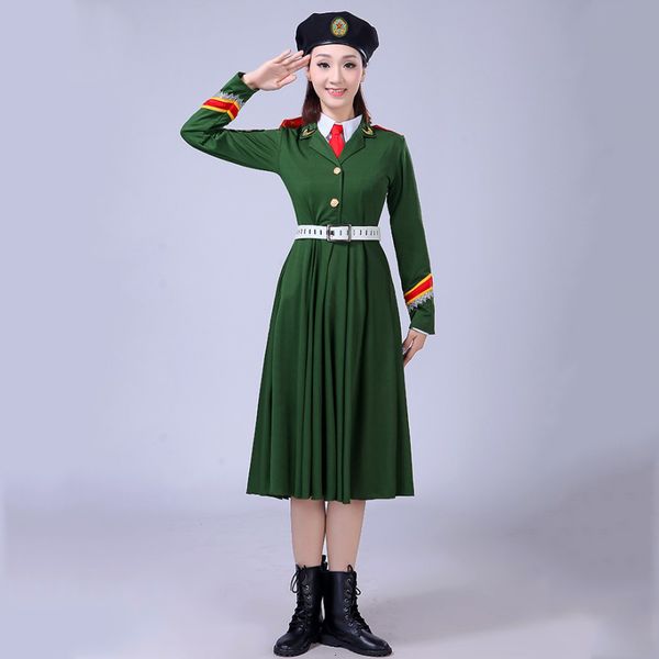 Costume da spettacolo dell'Esercito cinese Uniforme militare verde e blu Abbigliamento da soldato per donne Fotografia Abbigliamento da palco per coro dell'esercito