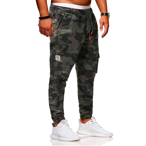 

men's cotton cargo pocket pants streetwear outdoor plus size camouflage trousers male running fitness drawstring sports pants, Black