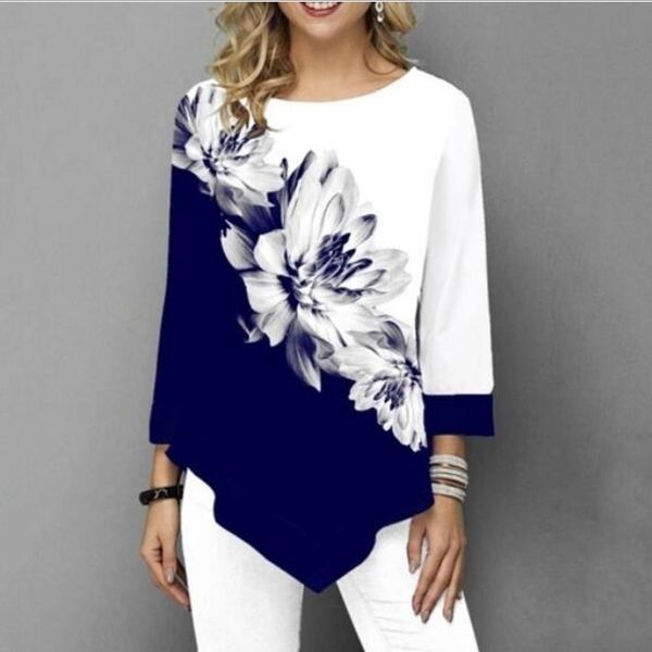 

shirt women spring autumn printing o-neck blouse 3/4 sleeve casual hem irregularity female fashion shirt plus size, White