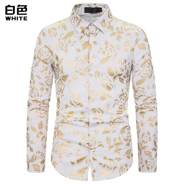 

european size) 2020 men's autumn fashion new nightclub men's lapel rose gilded printed long-sleeved shirt, White;black