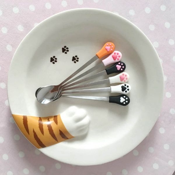 

practical 2pcs stainless steel cute claw coffee spoons fruit fork dessert spoon candy teaspoon cat drink tableware kitchen other kitchen di