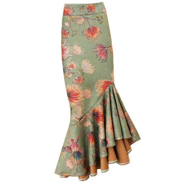 

autumn winter vintage suede printed mermaid skirt women high waist package hip irregular trumpet skirt, Black
