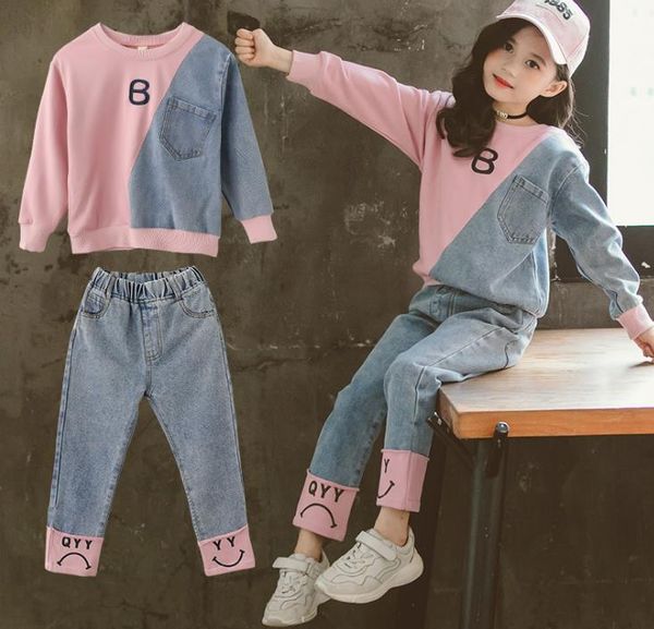 

set two-piece set denim splicing spring two-piece set new children's wear little girl super boy trend kid clothes children cloth t20041, White
