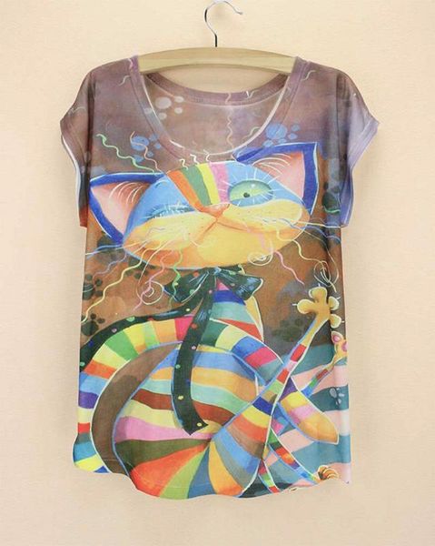 

известный мультфильм волшебная картина кошки покрывает тройники для женщин леди плюс размер летом продажи tshirt короткий рукав моды продвиж, White