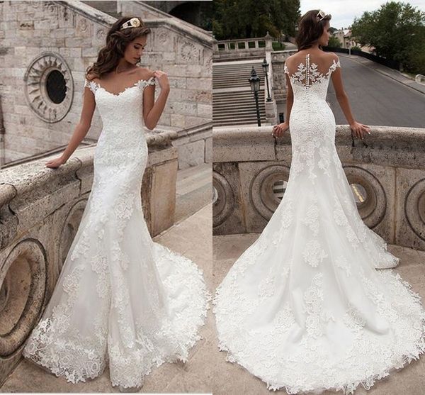 

mermaid lace appliques sweetheart wedding dresses full length scoop neck bridal gowns cap sleeve bridal wedding gowns sweep train, White