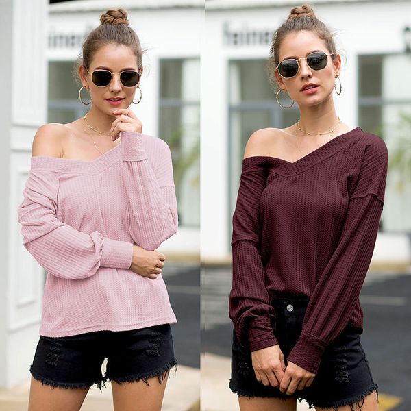 

shirts neck long loose t color off clothes v t shirt solid sleeve autumn women 220221 black pink blue drop ship shoulder xcpce