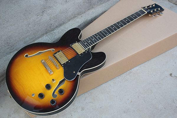 

factory custom semi-hollow tobacco sunburst electric guitar with rosewood fretboard,flame maple veneer,white binding,can be customized