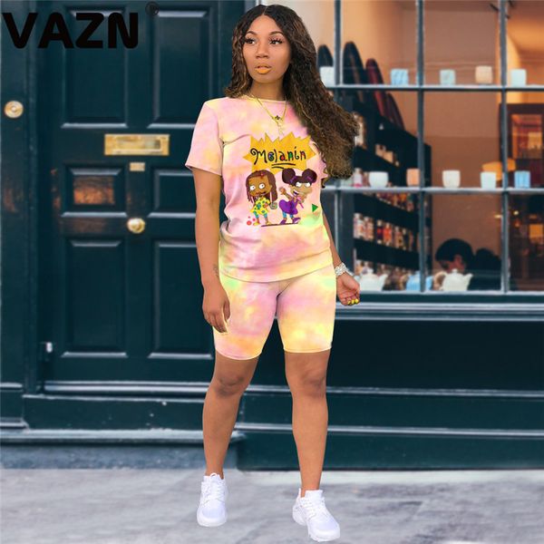

vazn 2020 women short sleeve short pant summer regular set cartoon print two pieces set high elastic skinny female sets, White