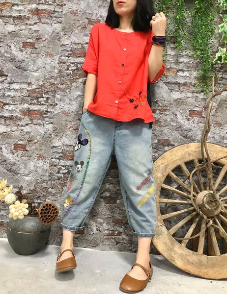 

the blue female embroidery painting elastic waist high waist jeans bk4744