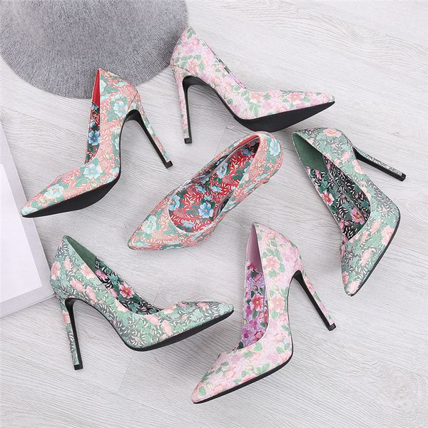 

european fashion flower color women's pumps large size 46 single shoe light pointed thin high heels t stage banquet show female, Black
