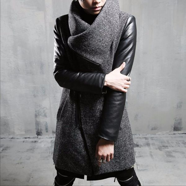 

new winter men cotton thermal outerwear slim woolen medium-long trench hairstylist tide casual leather sleeve patchwork coats, Black