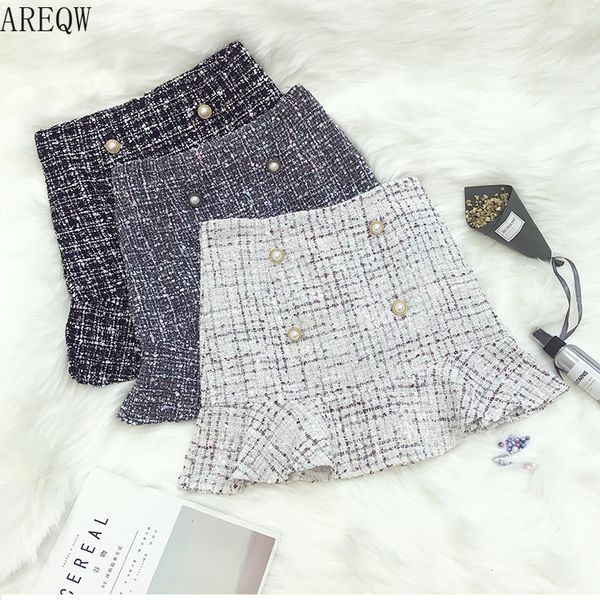 

new korean of high waist tweed skirt with button wool half-length black skirt autumn winter 2019, Black;gray