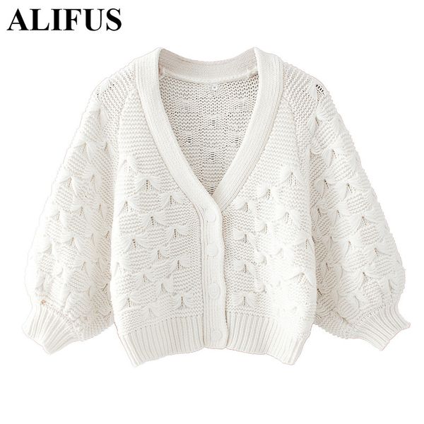 

fashion 2020 sweater women white v-neck single-breasted wishful knot elegant sweater female lantern sleeve hollow out mujer