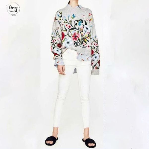 

2019 осень свитер зима способ нового твердый корейский цвет круглый воротник полного рукав сыпучие вышитые женщины v74702, White;black