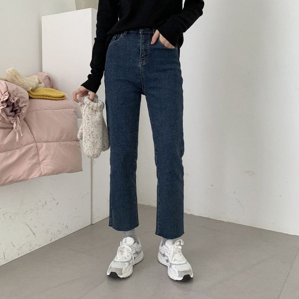 

2018 winter korean high waist elastic straight casual pants warm plush jeans women's wear jeans woman, Blue