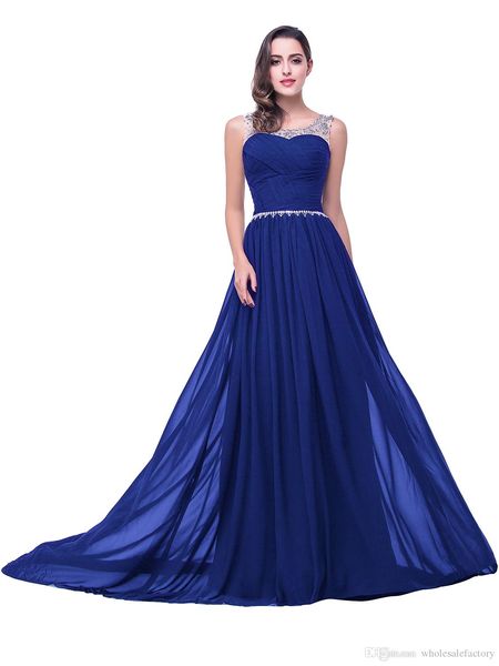 Abiti da damigella d'onore per chiffon blu reale 2020 Crystals Crystals Sheer Neck Besed Wedding Ospite Abiti da ballo da ballo al 100% Real IMA356W