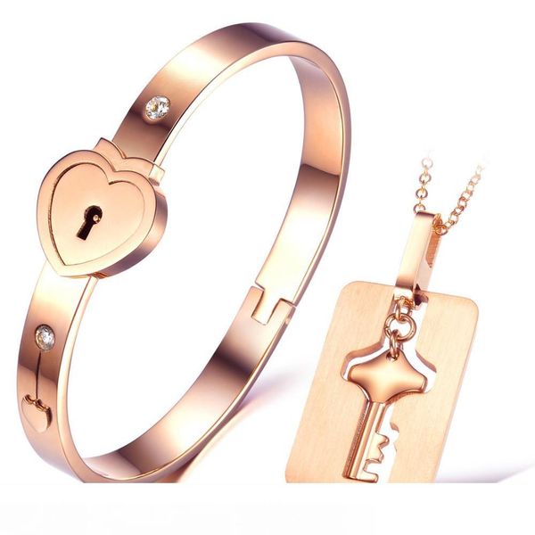 

316l stainless steel lovers heart lock diamond bangles key pendant necklace couple jewelry set lover's valentine's day wedding bir, Silver