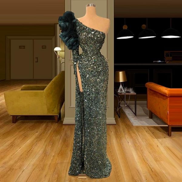 

african luxury sparkly one shoulder evening dress sheath full-length bling sequins prom dress gown formal 2020 dubai, White;black