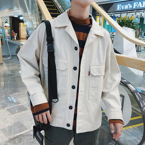 

2019 spring korean version of the campus fashion trend couple men's long-sleeved casual loose solid color tooling wild jacket, Black;brown