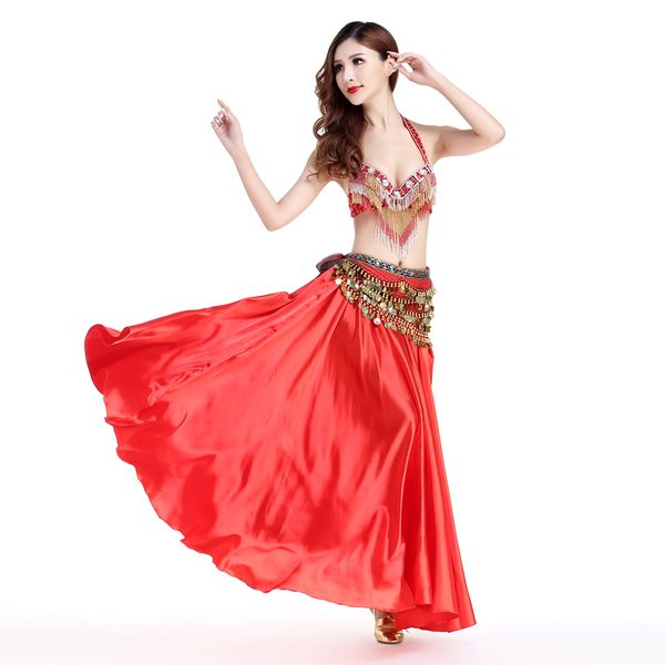 

belly dance satin full circle halloween skirt shiny fancy casual waist skirt for flamenco cha cha, Black;red