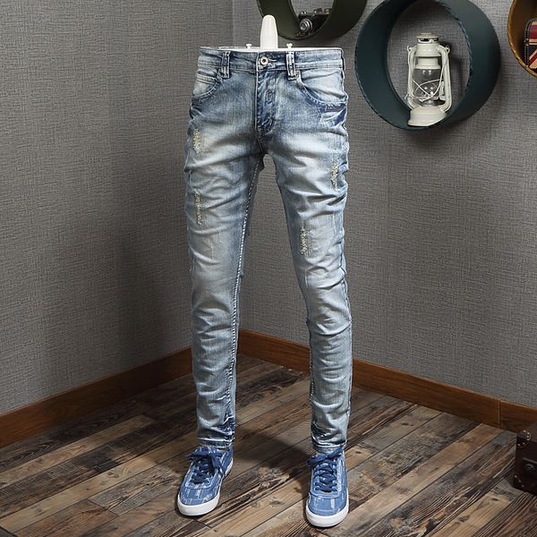 

men's jeans italian style fashion men light blue destroy ripped embroidery vintage designer slim elastic baggy pants