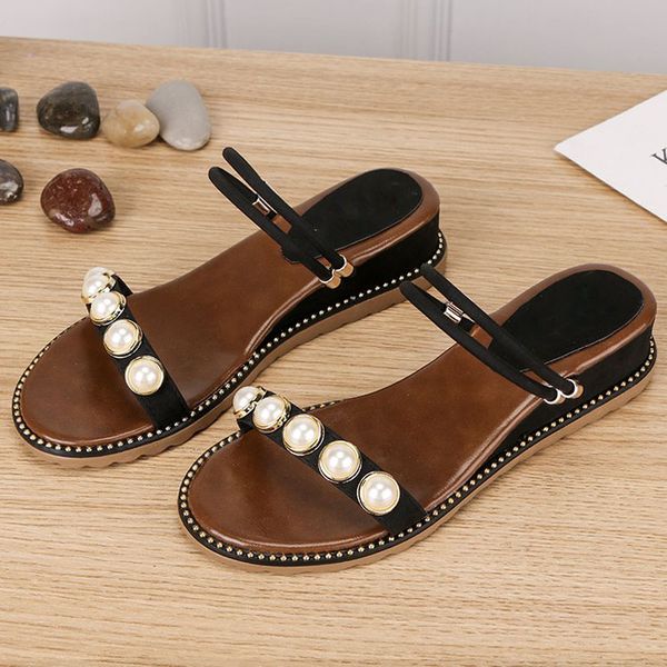 

2019 new summer solid string bead outdoor women slippers casual pu leather non-slip wedges slippers size 35-40 xwt1626, Black