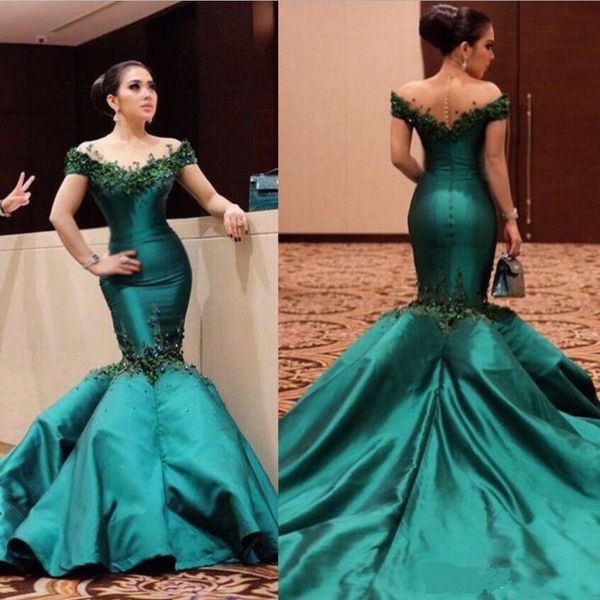 

hunter mermaid prom dresses off shoulder jewel sheer neck lace appliques cocktail party gowns sweep train satin formal evening dresses, Black