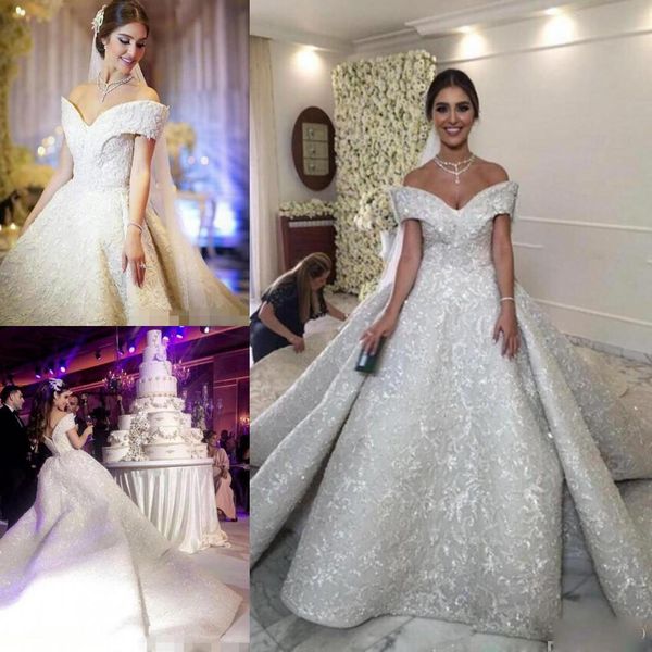 

luxury lace ball gown wedding dresses off shoulder backless crystal bridal gowns chapel train plus size dubai cathedral train wedding dress, White