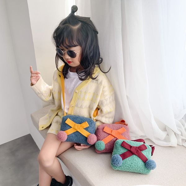 

new baby kids bowknot mini fur handbags cute crossbody bags flaps girls purse plush bag school handbag