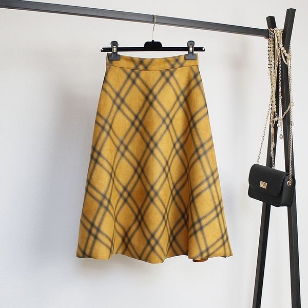 

deruilady 2019 new fashion women high waist suede plaid print skirt elegant women office elastic fall winter skirts womens, Black;gray