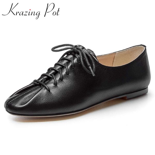 

krazing pot 2020 new arrival genuine leather round toe low heel lace up shoes women pleated soft cozy leisure cozy pumps l2f3, Black