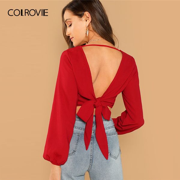 

colrovie burgundy tie v-back wrap crop top женщины sexy бишоп рукав backless топ 2020 summer ladies твердые блузы тонкий fit, White