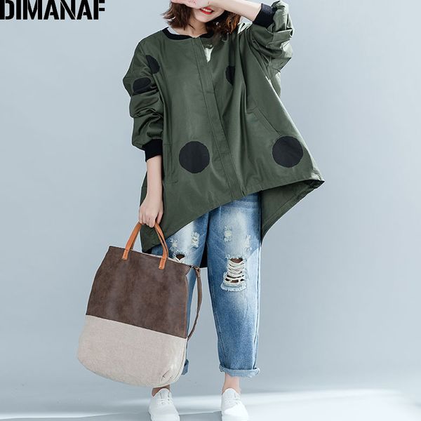 

dimanaf 2019 autumn winter women polka dot jacket coat big sizes cardigan zipper female clothes loose oversized green outerwear, Black;brown