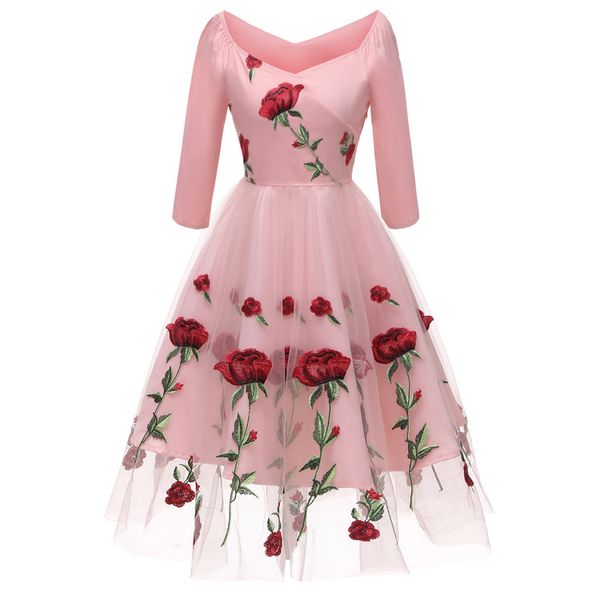 Neues, elegantes, modisches, mit Rosen besticktes Damenkleid im Vintage-Stil. Drei Farben in verschiedenen Größen erhältlich