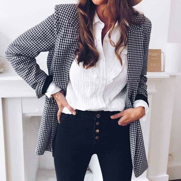 

women casual blazer long sleeve lapel plaid coat cardigan outwear autumn spring female pockets vintage blazers, White;black